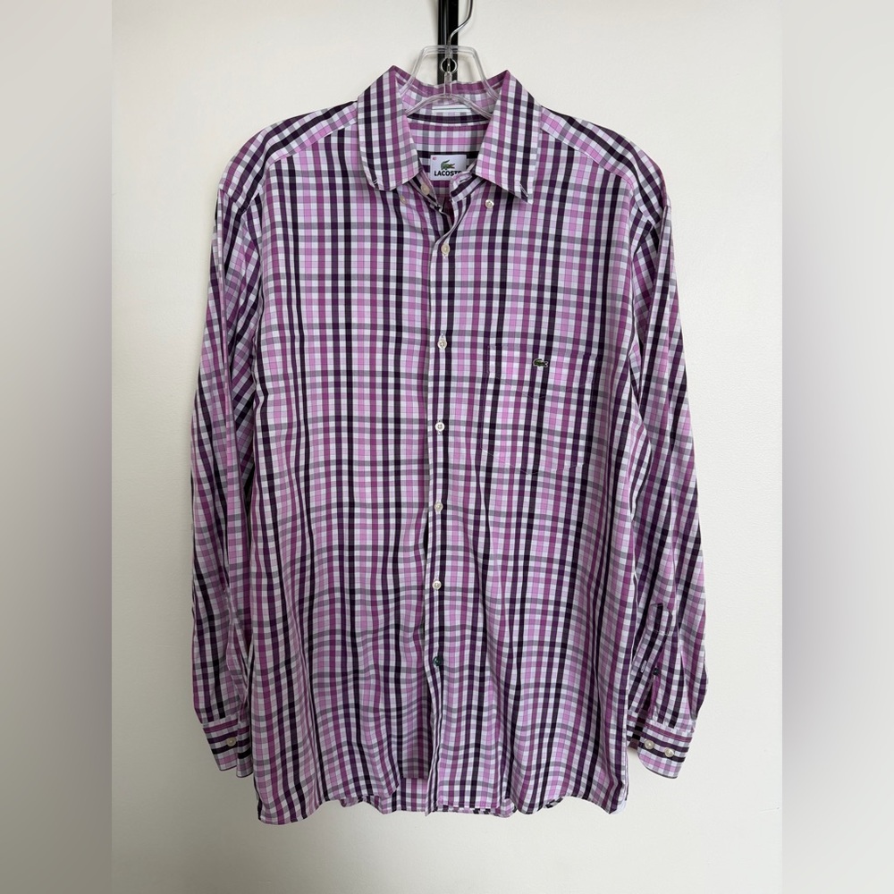 Lacoste Men’s Pink and Black Plaid Button-Down Shirt